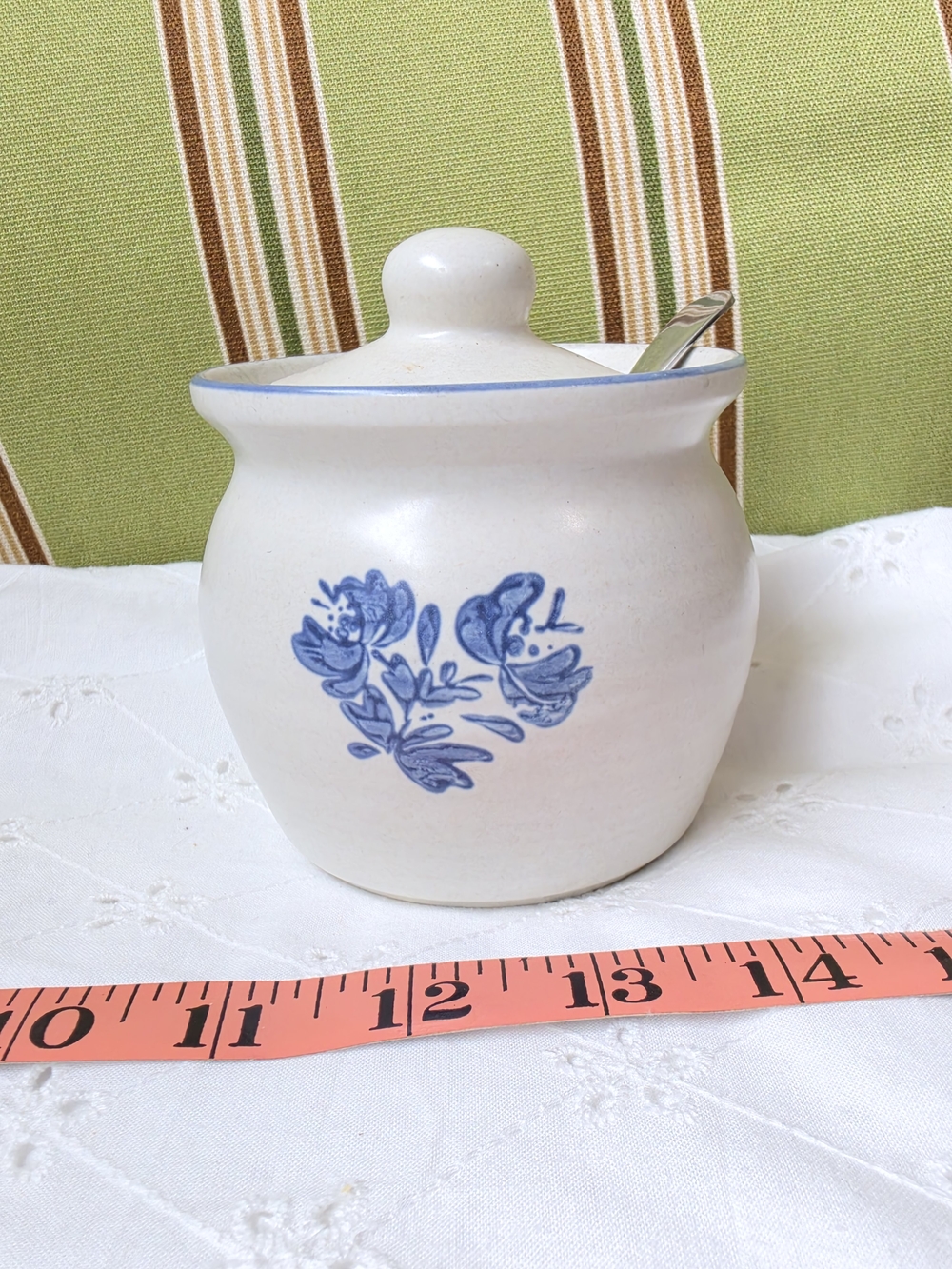 Pfaltzgraff White Ceramic Sugar Jar with Blue Floral Motif